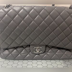 CHANEL Lambskin Quilted Maxi Double Flap Grey